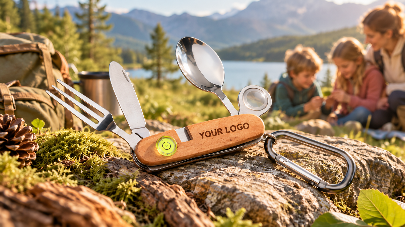 Kinder-Outdoorbesteck Junge Explorer mit Buchenholzgriff, Lupe, Wasserwaage und Karabiner